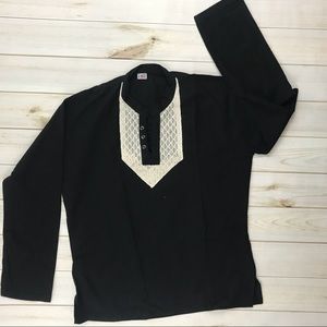 Black long sleeve guayabera with white embroidery
